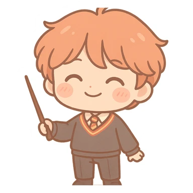 Chibi kawaii Ron Weasley with exaggerated proportions (big head, small body), clean lines and dark brown thin outline, happy expression with closed arched eyes, subtle smile, rosy cheeks. Classic Gryffindor uniform: dark gray sweater with red and gold stripes, white shirt, red/gold striped tie, dark dress pants, black socks and shoes. Holding wand. Voluminous, slightly messy red hair. Warm, earthy, pastel palette, light cel shading, neutral or transparent background. sticker