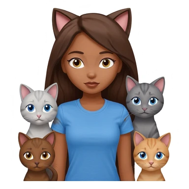 a pretty bratz dusky girl with long brown hair, blue eyes with six cats nd wearing a grey tshirt sticker