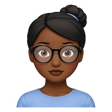 A woman with dark skin, black hair in a neat bun, black glasses, and an oval face with soft features. sticker
