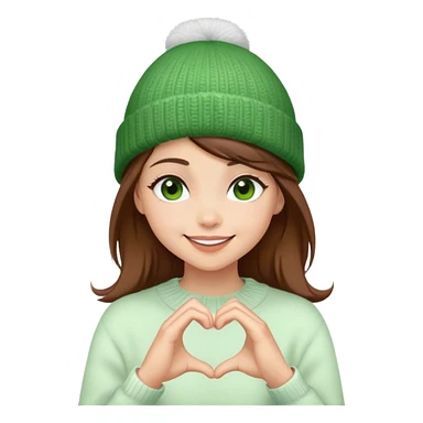 peaceful brown hair girl blinking eyes stylish in a green beanie hat in white sweater smiling making heart from her hands  sticker
