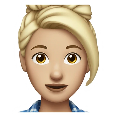 Blonde woman with freckles, blonde hair in a high bun, blue flannel, and gap in her tee sticker
