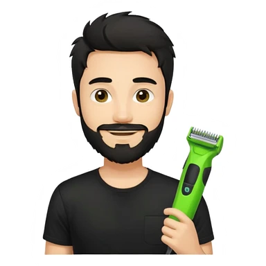 handsome young man, fair complexion, messy black hair and beard, smiling, black t-shirt, holding one small true-to-size bright lime green face beard trimmer, iOS emoji style sticker