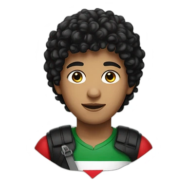 A boy, black hair, curly hair, wearing the Palestine flag sticker