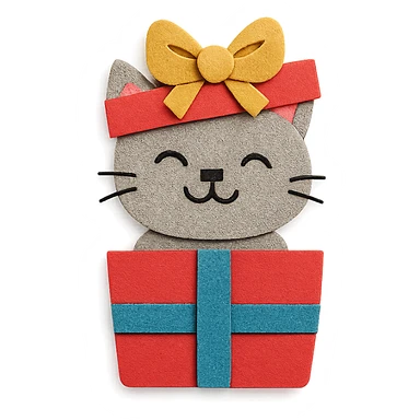 cat inside a gift box with a ribbon on head, smiling, paper-craft style sticker