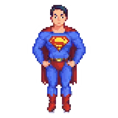 Superman, hands on hips, pixel art style sticker