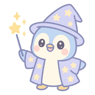 a cute penguin wizard casting a spell, wearing a starry robe and holding a wand sticker
