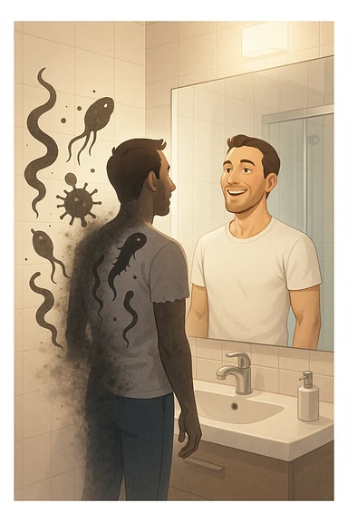 a man stands in a brightly lit bathroom, looking relieved and revitalized as he examines his reflection in the mirror. In the foreground, stylized, shadowy images of parasites (such as worms or protozoa) are shown leaving his body, dissolving into mist or fading away. His posture is upright and his expression is one of newfound energy and health. sticker