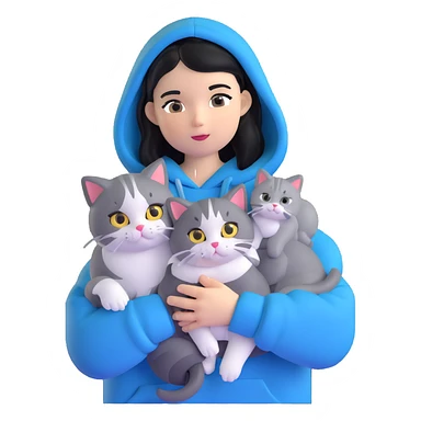 Girl with black hair wearing gray hoodie with a British shorthair blue and white cat and a long-haired blue and white cat sticker