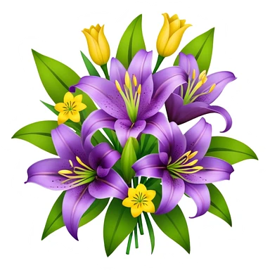 Bouquet of purple lilies with some yellow circular flowers in between  sticker