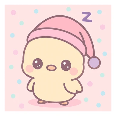 A baby chick feeling sleepy, kawaii style, with a pink nightcap sticker