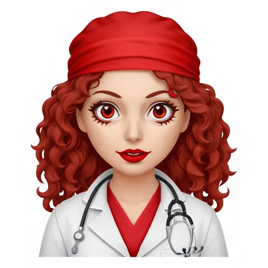 Scary woman scalpel in hand, evil surgeon sexy surgeon clothes.  She has red eyes. Her  brown long curly hair. Wears sexy doctor outfit with red gloves. Hides mouth necknose with red bandana to hide her identity sticker