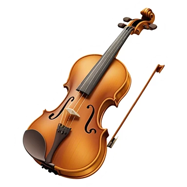 Create an elegant and detailed emoji representing a Stradivari violin. The design should showcase the finely crafted wooden body of the violin, with its smooth curves and rich, golden-brown wood finish. Highlight the intricate f-holes, fingerboard, and bridge. The bow should be placed next to the violin, with visible horsehair and a polished wooden stick. Use warm, deep wood tones for the body and subtle silver or gold accents for the fittings. Add a soft glow or light reflections to emphasize the exquisite craftsmanship and timeless beauty of the instrument. The background should be transparent. sticker