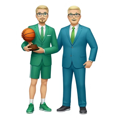 Full Body white male plus size wearing glasses with a goatee with light blonde and gray very short hair happy basketball head Coach in blue and green suit holding trophy sticker