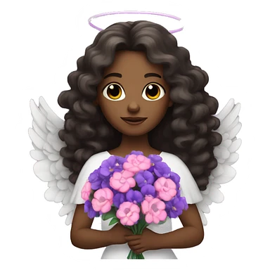 Black angel with long brunette curly hair holding bouquet of purple and pink flowers sticker
