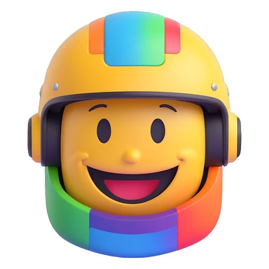 3D smiley emoji, round shape, motorcyclist with colorful helmet: rainbow-colored helmet, smiling face sticker