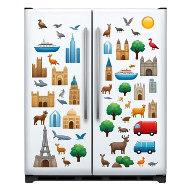 Icon for Magnet Collecting: a close-up of a fridge door covered with a variety of magnets, featuring cities, animals, symbols. The icon should highlight the diversity and charm of magnet collections. Transparent background. sticker