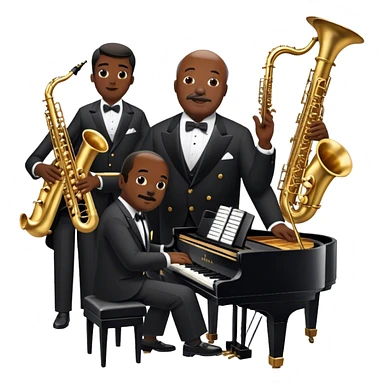 Icon for Jazz Music: Count Basie Orchestra, with Count Basie at the piano surrounded by jazz musicians playing instruments like saxophones, trumpets, and drums. Floating musical notes should capture the energetic and smooth vibe of big band jazz. Transparent background. sticker