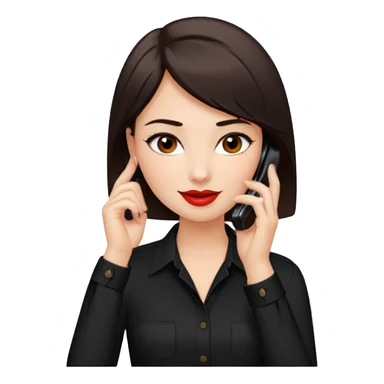 generate a pretty fair bratz girl with dark brown eyes. Dark brown hair straight short hair. tight black button up shirt with top shirt open.  Talking on the phone. Red lipstick, eyeliner on sticker