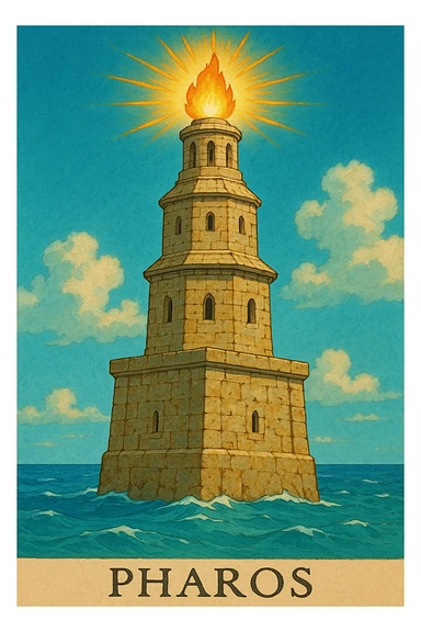 A three-tiered ancient tower named Pharos with a squared base, octagonal middle, and cylindrical top. The tower has a stone texture with slight cracks and wear, showing its ancient but not ruined state. Each level has small windows or arches. At the top, there is a glowing fire or torch with gold/yellow and orange rays. The base of the tower is surrounded by blue waves lapping at it. The color palette consists of sandstone (beige/tan) for the tower, turquoise/blue for the sea, and warm gold for the fire. The style should be vibrant and detailed, capturing the essence of an ancient beacon by the sea. sticker