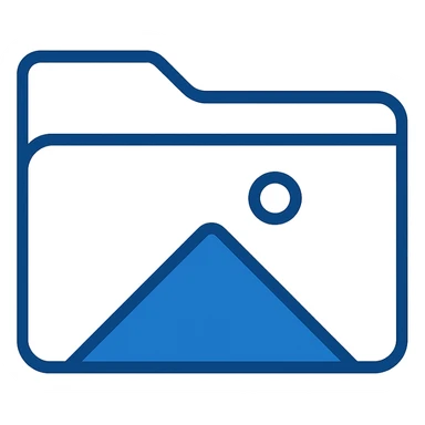 Create a flat color clip art style folder icon with a minimal design. Use three blue shades from the palette. The folder should have a simple mountain and sun or circle detail on it. No text. Match the style of the previous blue folder icons shown in the references. sticker