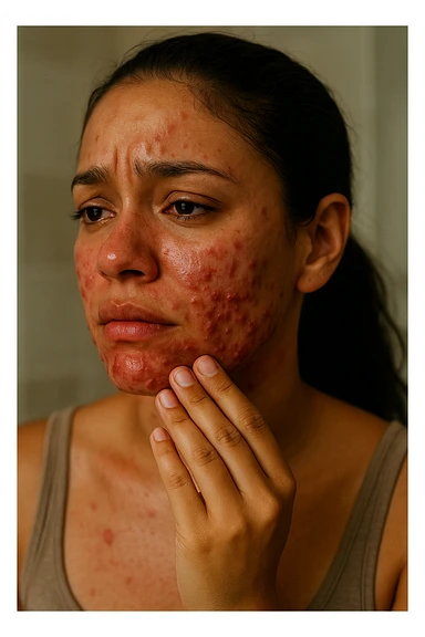 A highly realistic, cinematic portrait of a young woman in her late 20s with medium skin tone, showing visibly inflamed, deep cystic acne along her jawline, cheeks, and chin. Her skin appears red and irritated around the acne nodules, with noticeable swelling and tenderness, illustrating the painful nature of cystic acne linked to PCOS. Her facial expression shows discomfort and emotional distress, with slightly teary eyes as she gently touches an inflamed area on her jawline with her fingertips. Her hair is pulled back to clearly show the acne areas, and her skin has a slightly oily texture due to androgen-related sebum overproduction. The environment is a softly lit bathroom with neutral daylight, emphasizing the skin texture, redness, and deep acne. The style is realistic, 35mm cinematic photography with warm, neutral tones, soft shadows, and clear skin detail, providing a compassionate yet direct visualization of PCOS-related cystic acne sticker
