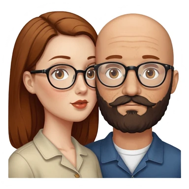 Couple. Bald man with dark brown-black beard. White woman with many small, faded freckles, she has white skin and she has auburn-brown-cinnamon, dark long hair. She has light brown eyes. The man have hazel eyes and glasses. She have light eyes. Retro style. She kisses him. sticker