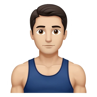 Fit man in his early 40s with light brown complexion. Elongated face with strong jawline. Attractive features with medium dark eyes and arched eyebrows. Straight nose. Confident expression. Medium-length wavy dark hair styled modernly. Wearing a dark blue athletic tank top. sticker