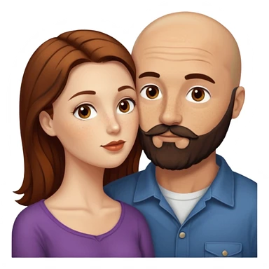 Couple. Bald man with dark brown-black beard. White woman with many small, faded freckles, she has white skin and she has auburn-brown-cinnamon, dark long hair. She has light brown eyes. The man have hazel eyes. Retro style. She kisses him on the cheek. sticker