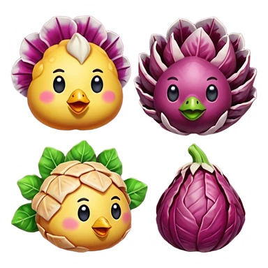 crea emote pack con sfondo trasparente e dimensioni 28x28 56x56 e 112x112 ognuna già con tutte e tre le dimensioni staccate dalle altre con tema radicchi e polli in stile gamer con parole da gaming in font bold colore arcobaleno diverso ad ogni parola sticker