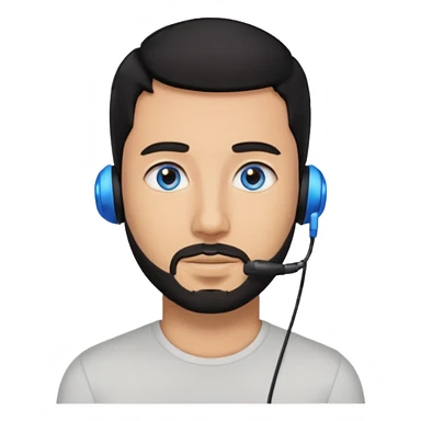 Man 30, black short hair, blue eyes and black short bears, on earpiece sticker