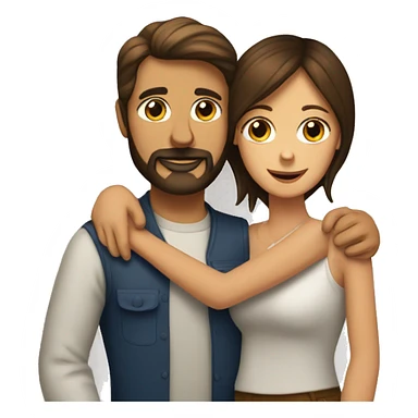 A brunette women and a brunette man with a beard hugging a beagle sticker