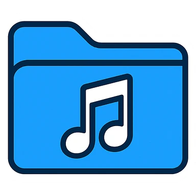 Create a music folder icon in the exact same style as the provided blue folder icon: bright blue color, thin black outline, minimal design, transparent background, no text, with a white music note on the folder. sticker