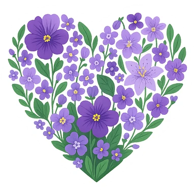 heart with a vibrant violet garden, clean digital illustration, no background sticker