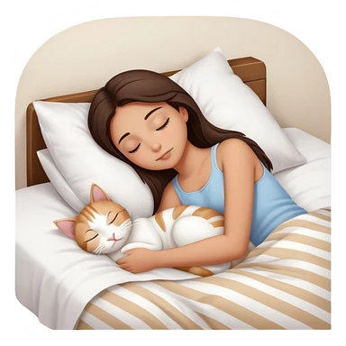 side view brunette teenage girl sleeping with white cat that has beige stripes on a white pillow with white sheets sticker