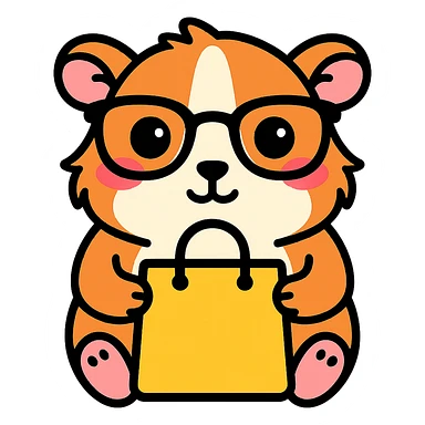 Make the guinea pig match the original reference: same face and glasses style, but holding a shopping bag for a shopping app, in a cute, outlined, colorful style. sticker