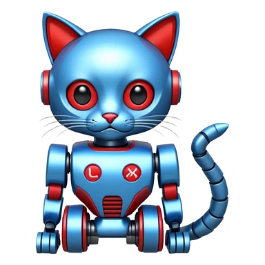 generate robot cat, glossy, realstic, red and blue color, write on text "LMX" sticker