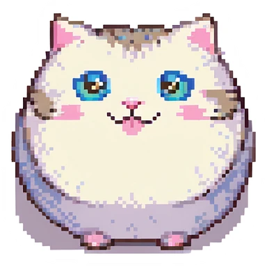 pixel art emoji of a round, adorable cat sitting, big shiny eyes, pink cheeks, joyful face sticker