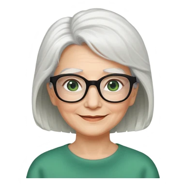 White hair grandma, green eyes, hair to shoulder, lokeg black glasses, rectangles face, smile , sticker