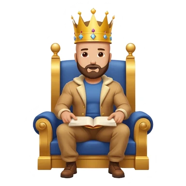 Buff bald bearded man wearing crown and cap, sitting on throne of documents, Instagram icon floating, golden glow, minimal emoji sticker