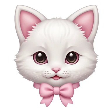 A tiny white kitten with innocent eyes, rosy pink cheeks, and an adorable smile, sporting a dainty pink bow on its head sticker