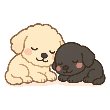 large light cream colored goldendoodle and small black golden retriever, chibi style, sleeping with their heads touching sticker