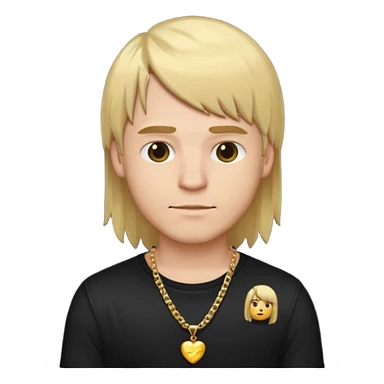 make a iphone emoji who is a white man that looks young with long blonde hair with bangs, with a black punk shirt and a golden neckless sticker