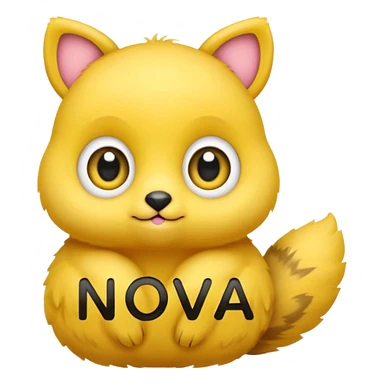 tiny yellow animal with big eyes holding 'N.O.V.A.' text, adorable and friendly, emoji style sticker