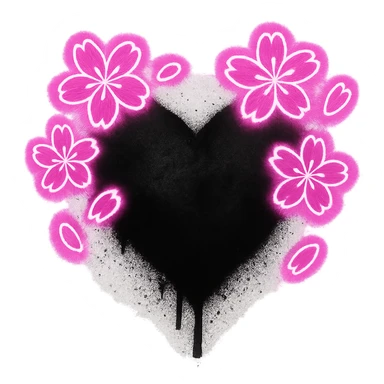 goth sakura heart, graffiti style, spray paint black heart, neon pink sakura, urban and rebellious sticker