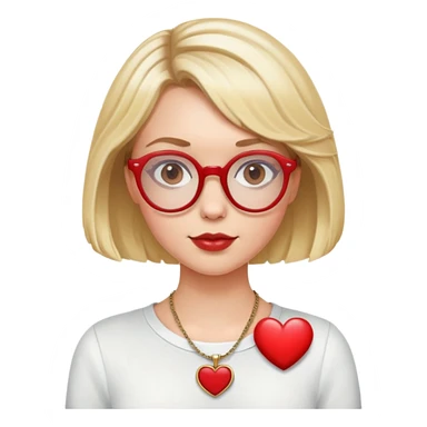 white girl head with short blonde bob hair slightly curled, red round glasses, heart necklace sticker