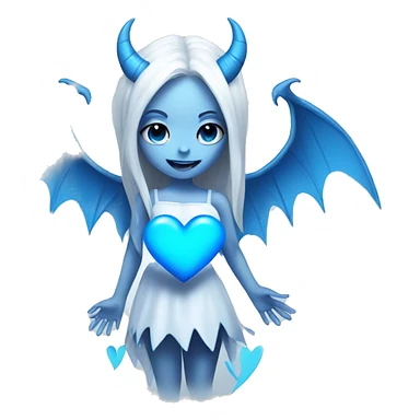 White Demon girl with blue horns and wings holding a blue heart  sticker