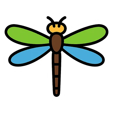 Create a more minimalist version of a realistic dragonfly with bright green and blue wings, in the color outline icon style. Simplify the shapes and details while keeping the vibrant wing colors and the overall dragonfly form. sticker