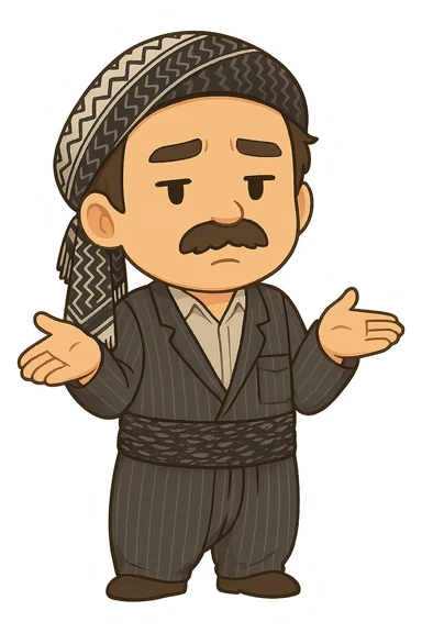 Create a colorful and cheerful cartoon sticker of a Kurdish man wearing the exact same clothes and scarf as the reference image, with no changes to the outfit or scarf. The face should have an indifferent or 'I don't know' expression. Both hands are open and shoulders are exaggeratedly raised. The image should have no shadows or color halos around it, no text, and a completely transparent background. Suitable for WhatsApp and Instagram. sticker