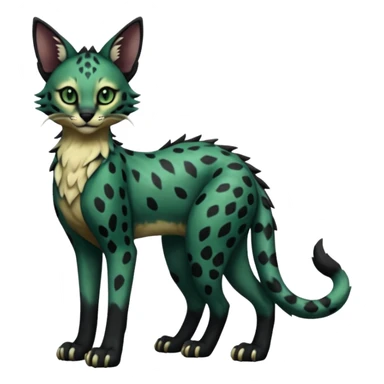 Epic complex detailed dark dusky gloomy deep gothic dark-deep-green, black, realistic Fakémon-Sprigatito-Floragato-Meowscarada-Trico-Sergal-Serval-Vernid-creature (full body) sticker
