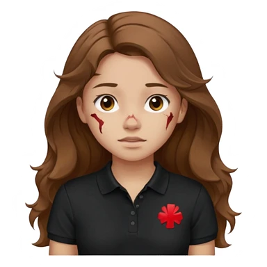 crie uma garota com ferimentos cabelo ondulado 2c longo castanho e blusa polo básica preta sticker